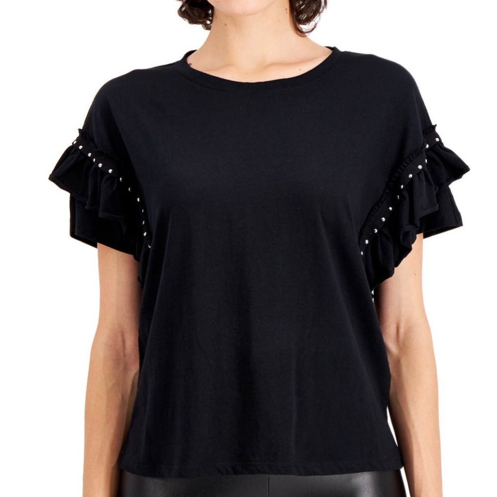 INC Plus Size Cotton Ruffled Studded T-shirt